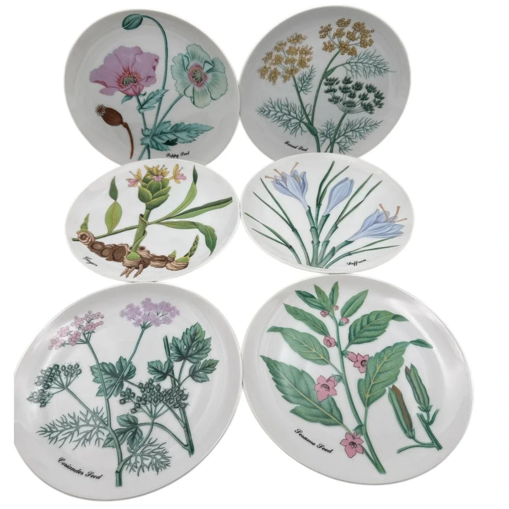 6 NEIMAN MARCUS HORCHOW BOTANICAL FLOWER HERB PLATES DESSERT SALAD